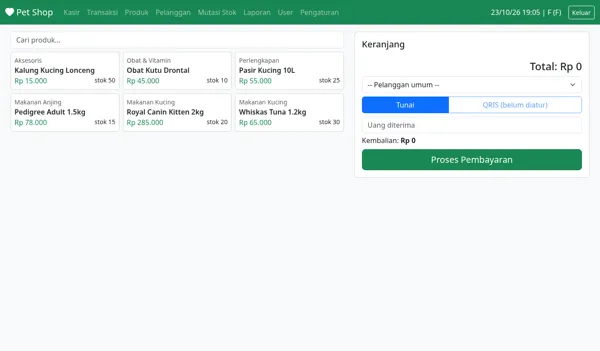 Pet Shop POS — Product grid cashier with stock & QRIS